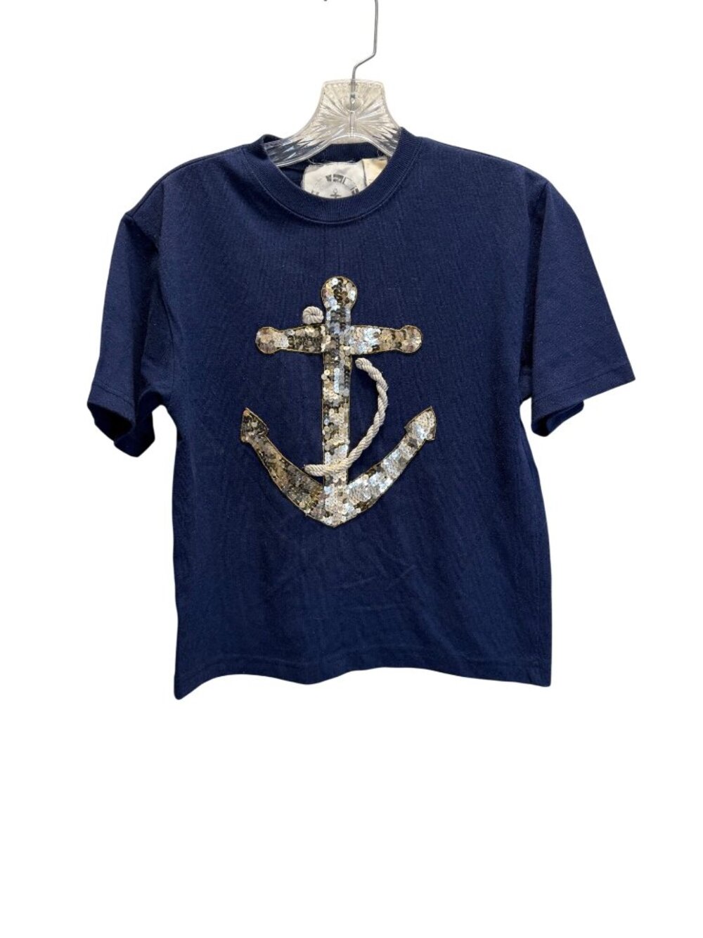 Navy Blue Cotton T-Shirt With Gold Sequin Anchor Design - Size Large